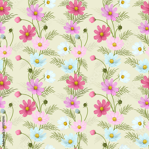 Colorful cosmos flowers seamless pattern for textile, fabric, wrapping paper, and backdrop.