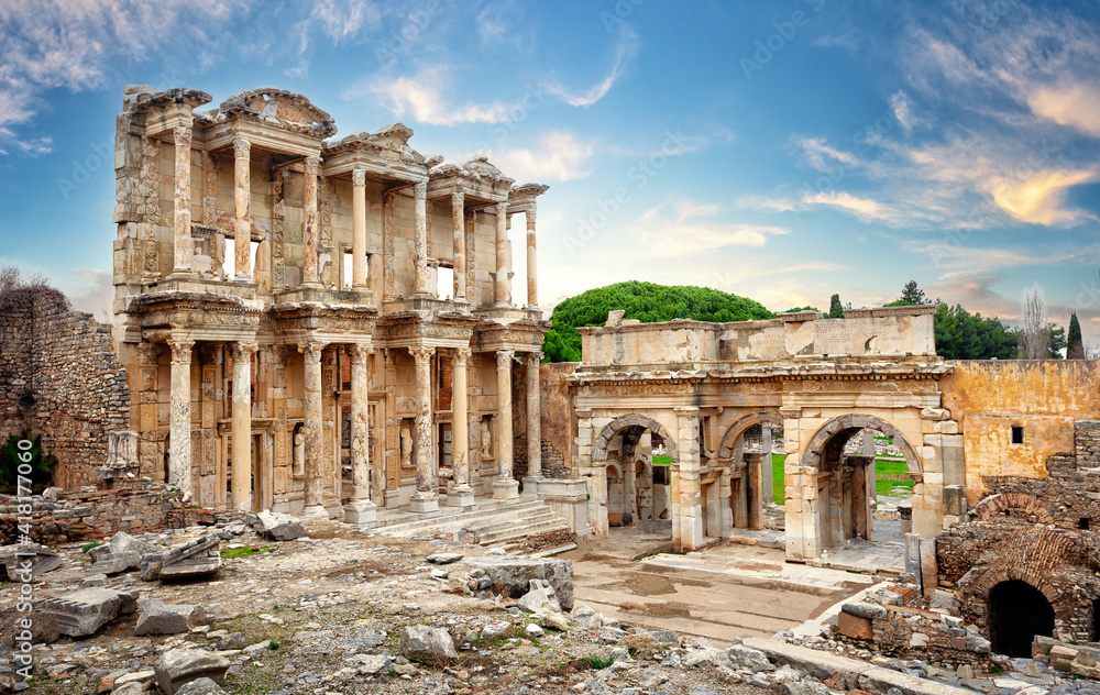 Library of Celsus in Ephesus under blue cloudy skies