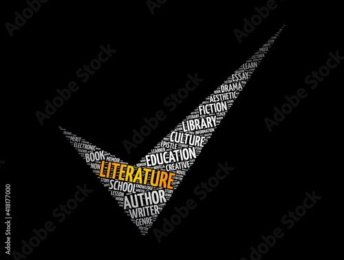 Literature check mark word cloud collage, education concept background