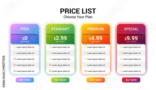 Vector pricing plan banners infographic template. Marketing presentation slide. Business labels concept infographics. 4 options, parts, steps, processes