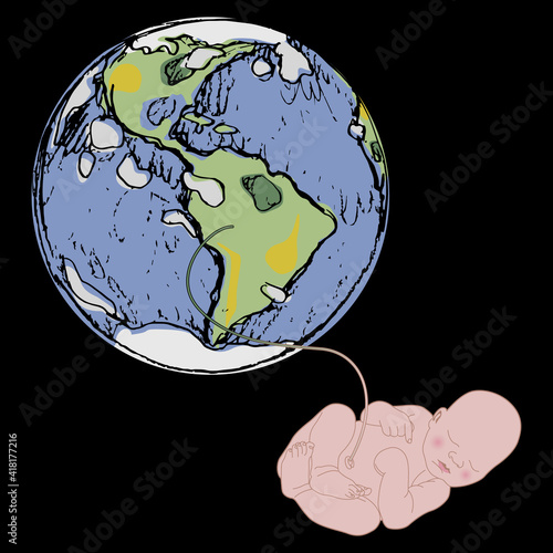 Newborn baby connected to planet Earth with its umbilical cord. Creative global environmental concept. Nature is our mother and home.
