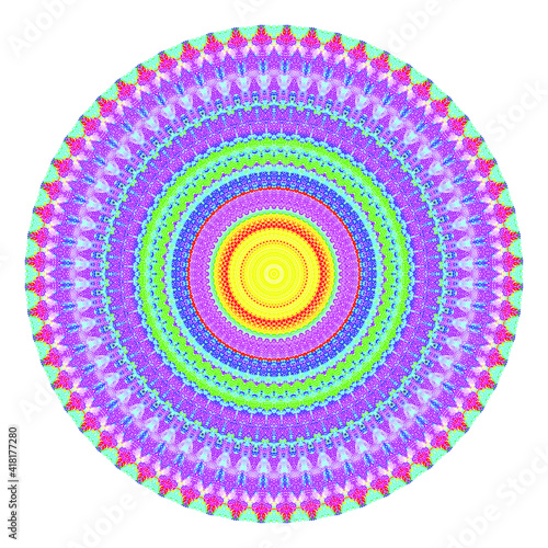 Creative multicolored points round symbol. Abstract symmetrical logo. Mosaic colorful beautiful beads. Circle dots modern pixel floral art icon. colored pattern ornament wheel decorative illustration.