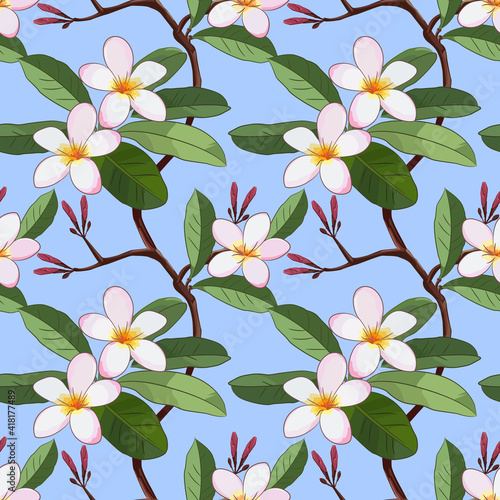 Vector design with Plumeria flowers on blue background seamless pattern.