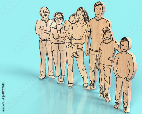 symbolic extended family group with cut wood look on blue background