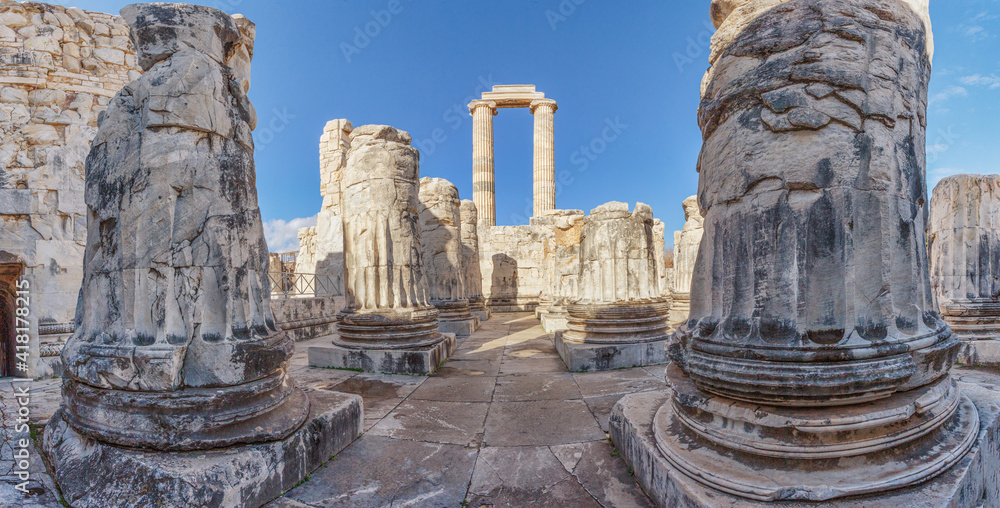 Panorama of Temple of Apollo in ancient city of Didim under blue sky