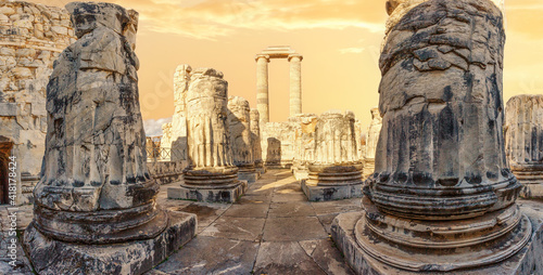 Panorama of Temple of Apollo in ancient city of Didim under yellow sky