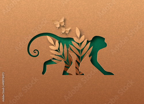 Green paper cut monkey animal with nature leaf