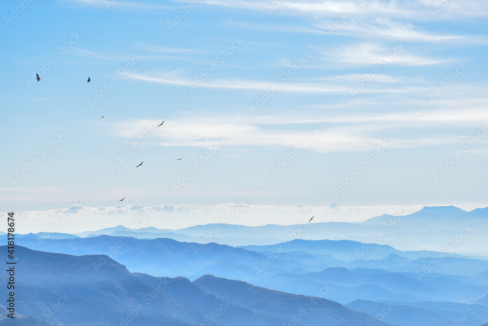 Landscape of foggy mountains and birds