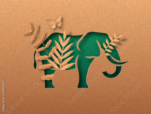 Green paper cut elephant animal with nature leaf