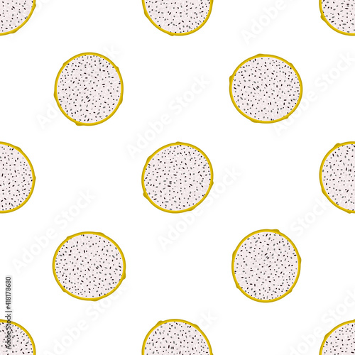 Seamless pattern with fresh half cut yellow pitaya fruits isolated on white background. Summer fruits for healthy lifestyle. Organic fruit. Cartoon style. Vector illustration for any design.