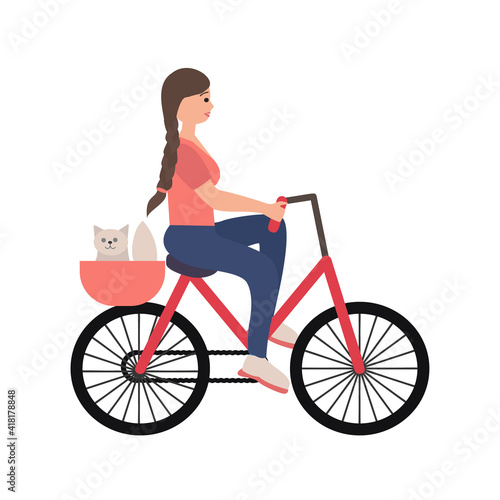 Young woman on bike with her cat vector illustration © Aygull  ( ID2719764)