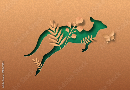 Green kangaroo jumping nature leaf paper cut