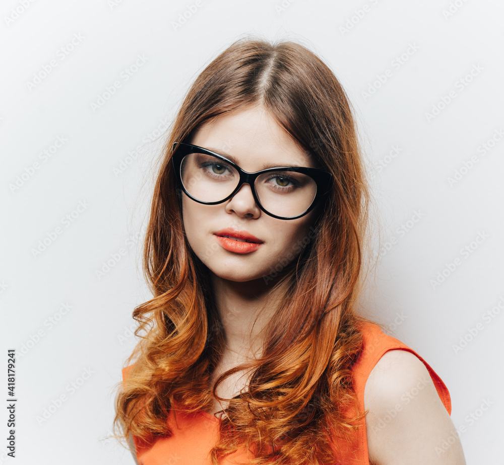 pretty woman in orange sundress and glasses makeup portrait pretty woman in orange sundress and glasses makeup portrait