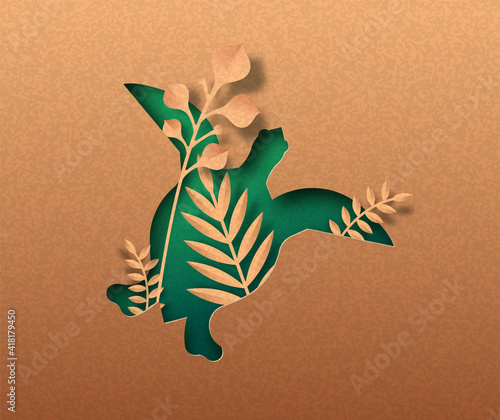 Green papercut sea turtle nature leaf concept