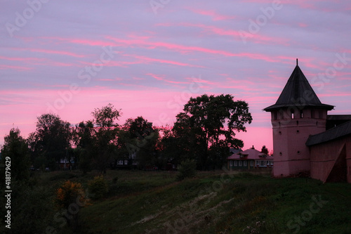 medieval monastery of St. Euthymius in Suzdal, Russia in beautiful rose sunset