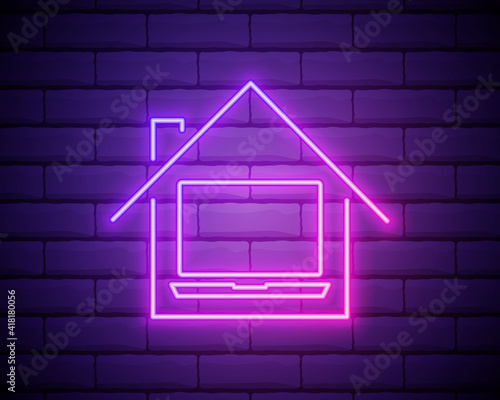 Glowing neon Laptop and smart home icon isolated on brick wall background. Remote control. Vector Illustration.Work from home.