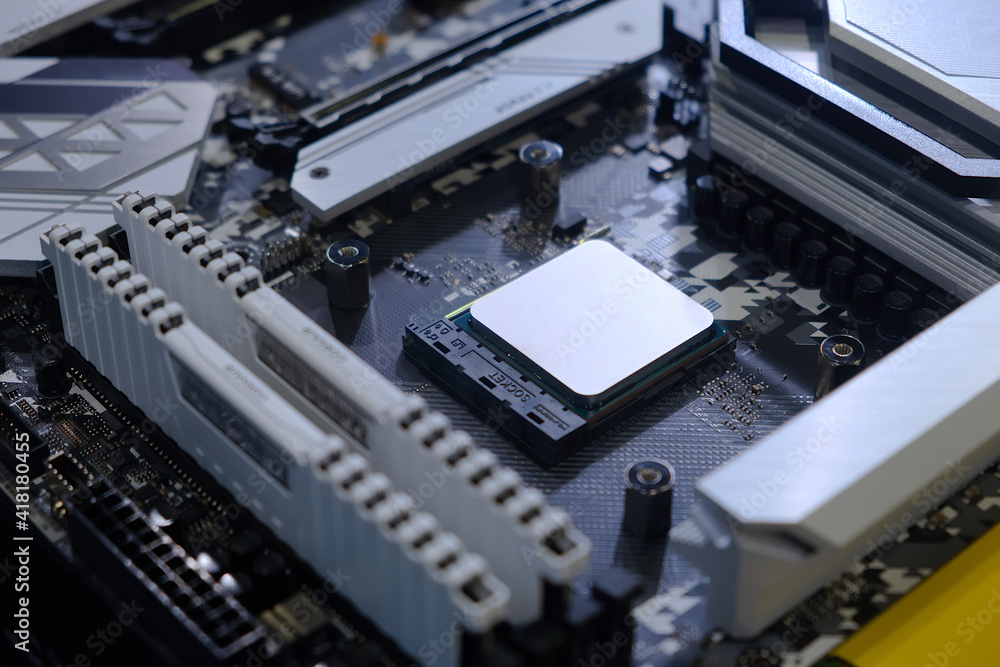 Close-up and selective focus hi-performance Processor that installed on CPU socket of computer mainboard for upgrade to work and entertainment, technology and information Close-up and selective focus hi-performance Processor that installed on CPU socket of computer mainboard for upgrade to work and entertainment, technology and information