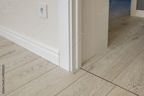 Detail of corner flooring with intricate crown molding and plinth.
