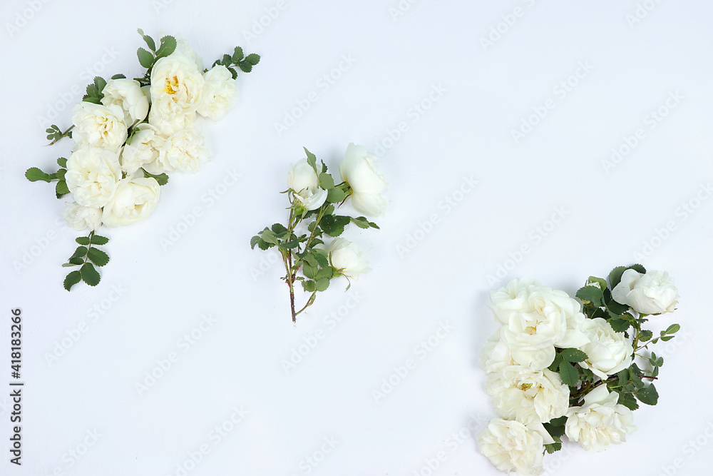 Abstract floral composition flat lay, roses on a light background, minimal concept, spring banner. Creative modern bouquet. Greeting card for mother's day, happy birthday, wedding, Abstract floral composition flat lay, roses on a light background, minimal concept, spring banner. Creative modern bouquet. Greeting card for mother's day, happy birthday, wedding,