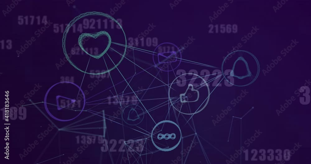 Animation of numbers changing over network with digital icons on purple background Animation of numbers changing over network with digital icons on purple background