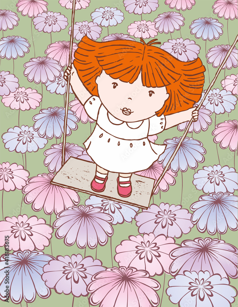 Vector illustration of little girl riding a swing on  blooming meadow