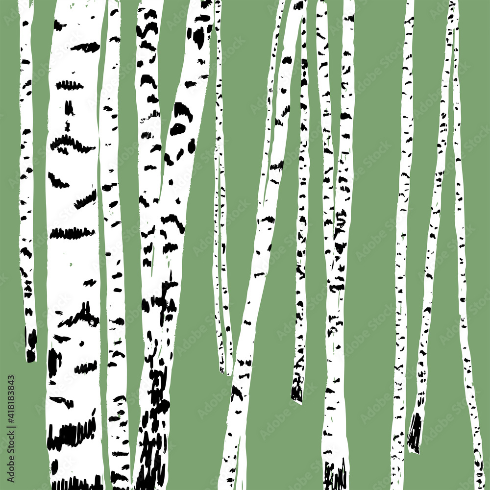 Vector image of birch trees on green background