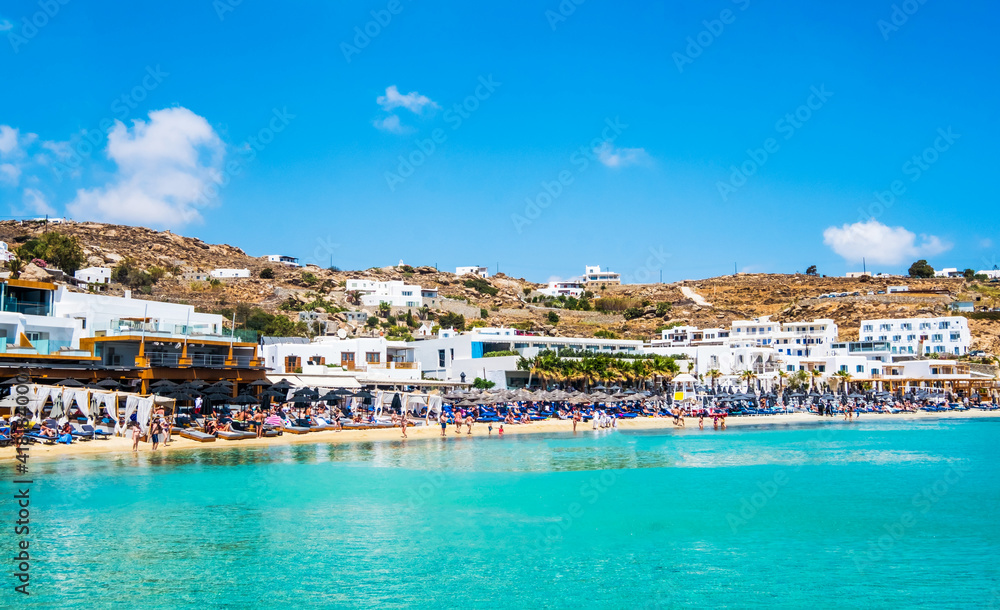 View of the beach of Mykonos island from the water