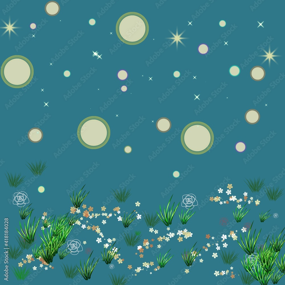 drawing sky with stars balloons meadow with grass and flowers drawing sky with stars balloons meadow with grass and flowers