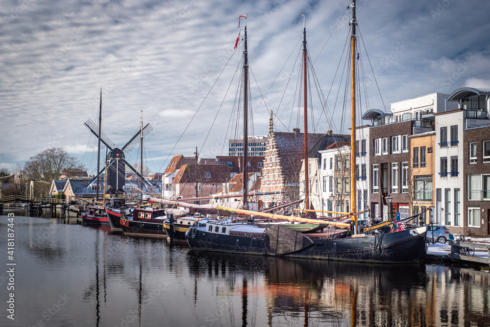 Panoramic view on the harbour and city center, Leiden, Netherlands