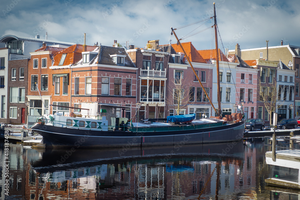 Panoramic view on the harbour and city center, Leiden, Netherlands