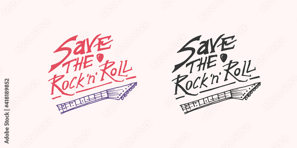 Lettering or phrase badge. Rock and Roll music logo. Heavy metal template for design t-shirt, night party and festival. Hand drawn Engraved vintage sketch. Lettering or phrase badge. Rock and Roll music logo. Heavy metal template for design t-shirt, night party and festival. Hand drawn Engraved vintage sketch.