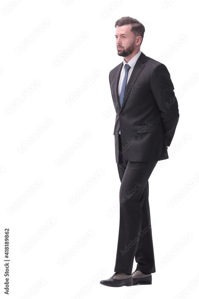 rear view. pensive businessman stepping forward . isolated on white rear view. pensive businessman stepping forward . isolated on white