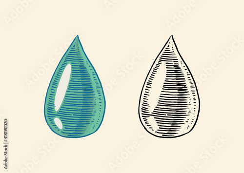 Dripping drop of olive oil. Blob or dribble or spot. Organic vegetarian product. Engraved hand drawn in old vintage sketch. Vector illustration.