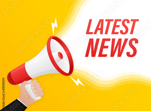 Latest news concept. Badge with megaphone icon. Flat vector illustration on white background.