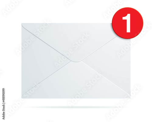 New message vector illustration. White envelope with red notification bubble icon isolated on background.