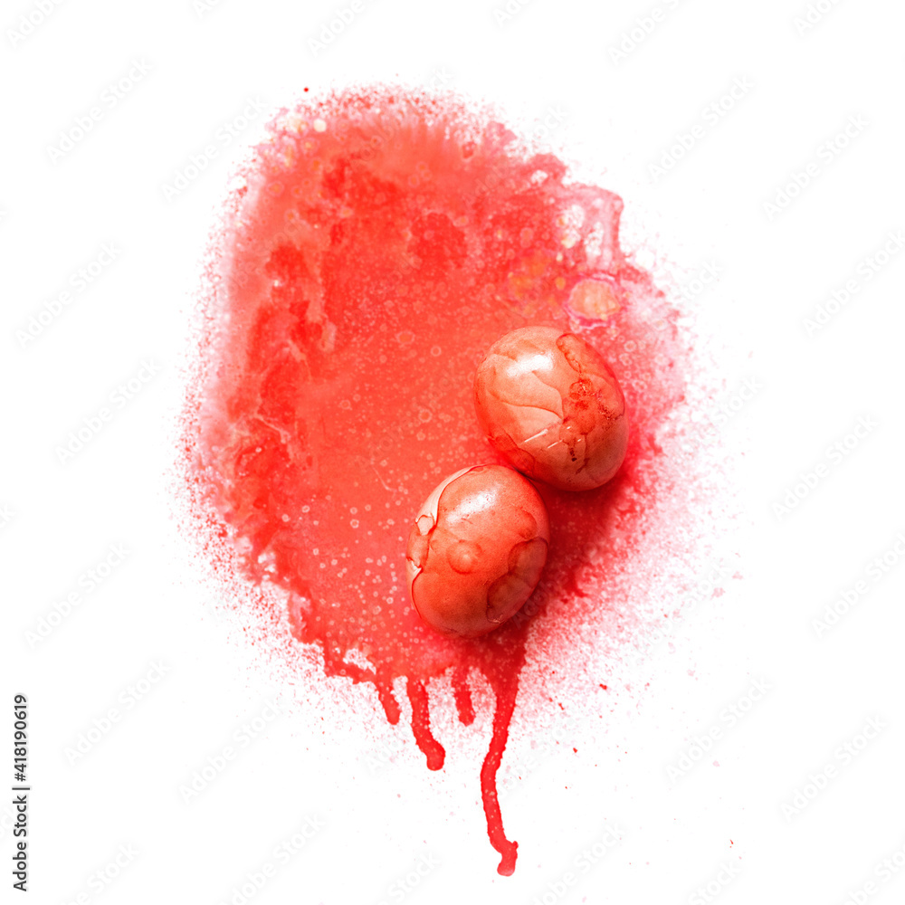Two Easter Eggs Dyed Red with Red Dye on White Background