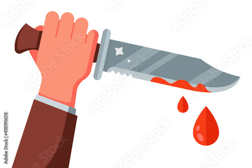 hand with a knife stained with blood. a crime was committed with a knife. flat vector illustration.