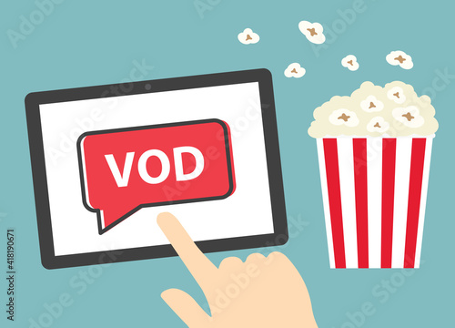 finger touching VOD button on tablet screen- vector illustration