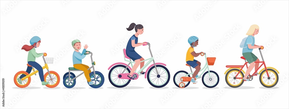 Kids riding bikes. Illustration of a group of kids biking on bicycles Kids riding bikes. Illustration of a group of kids biking on bicycles