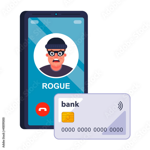 a fraudster steals bank card details over the phone. flat vector illustration.