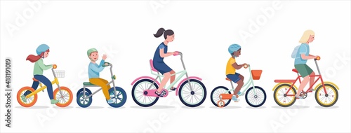 Kids riding bikes. Illustration of a group of kids biking on bicycles
