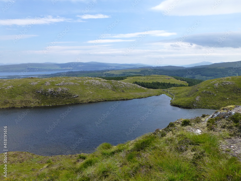 View down onto Crater Loch (Lochan 'S Airde Beinn) on the island of Mull on a sunny summer's day