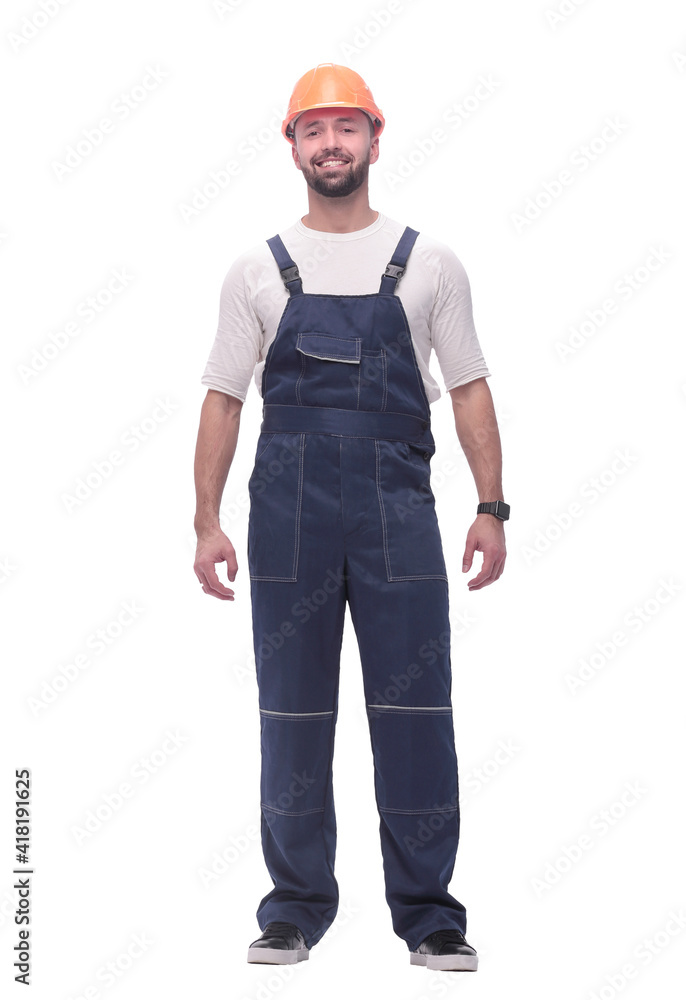 confident man in overalls . isolated on white confident man in overalls . isolated on white