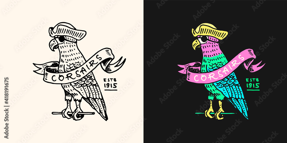 Pirate Parrot with Ribbon logo. Jolly roger or Corsair. Marine and nautical or sea, ocean for or Engraved hand drawn, old label or badge. vector de Stock | Adobe