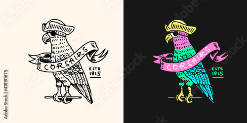 Pirate Parrot with Ribbon logo. Jolly roger or Corsair. Marine and nautical or sea, ocean emblem for sticker or t-shirt. Engraved hand drawn, old label or badge.