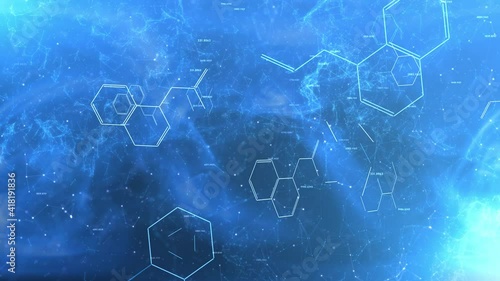 Chemical molecules and numbers animated on bright blue abstract background photo