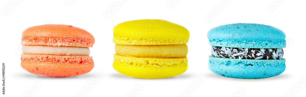 Three multicolored French macarons isolated on white. Three multicolored French macarons isolated on white.
