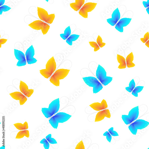 Seamless pattern of flying yellow and blue butterflies on a white background