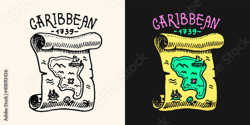 Pirate treasure map with island logo. Jolly roger or Corsair. Marine and nautical or sea, ocean emblem for sticker or t-shirt. Engraved hand drawn, old label or badge.