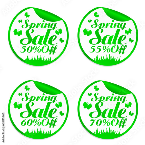 Spring design stickers set 50%, 55%, 60%, 70% off with butterflies. Vector illustration